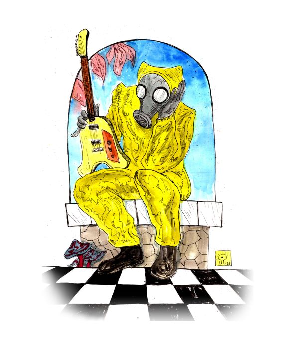 illustration by Jorclank, of Flying Microtonal Banana guitarist sitting in a windowsill a la Stanley Mouse\'s Jester (which graced the cover of the 1972 Grateful Dead Songbook and was used by the Grateful Dead Records company)