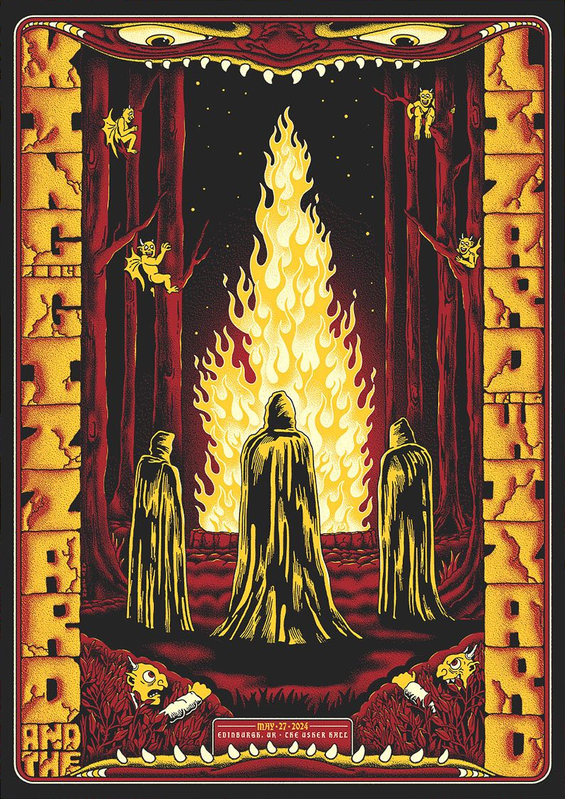 poster art by Amy Jean: three robed figures facing a towering pyre of flames, surrounded by dark red bushes and tall trees with yellow goblins watching; bordered on the sides with the band's name, within the jaws of a giant face