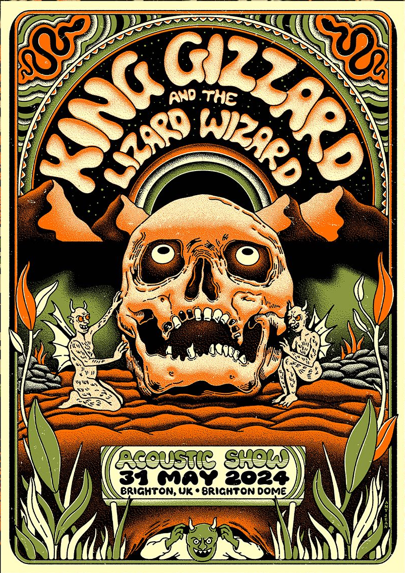 poster art by Amy Jean: skull staring up at the name of band, flanked with demons and back-dropped by mountains