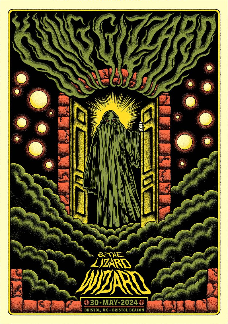 poster art by Amy Jean: robed ghoul stepping through an ancient doorway surrounded by clouds and suns